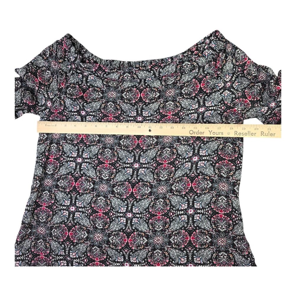 Solitaire Blouse Womens Medium Black Pink Boho Bell Sleeve Rayon Floral Crochet - Picture 8 of 11